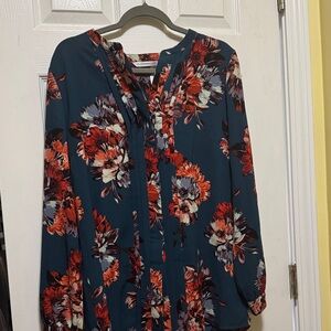 Isaac Mizrahi Teal Blouse with Red Floral Print